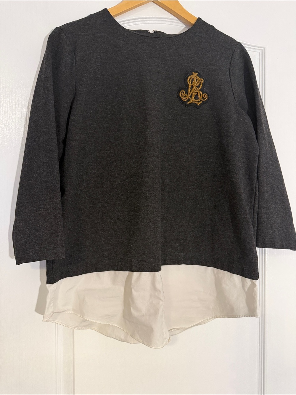 Lauren Ralph Lauren Grey Gold Crest Layered Faux Shirt Top Size M